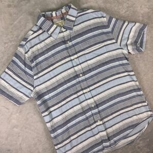 The Normal Brand Men's Short Sleeve Button Up L Blue White Stripe Cotton Shirt